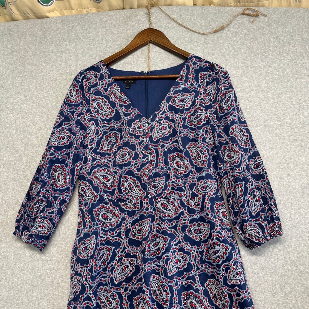 Talbots Midi Dress Women Size 6 Navy Blue Paisley Print V Neck 3/4 Sleeve Pocket - Picture 3 of 13